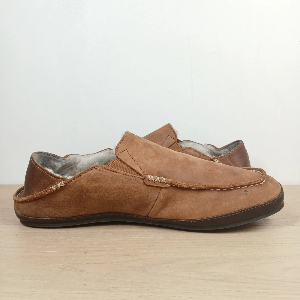 Olukai Moloa Slippers Men 12 Brown Leather Shearling Lined Moc Toe Comfort